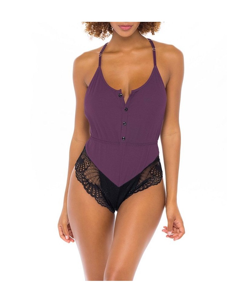 Women's Lingerie Ribbed Jersey Romper with Lace Racerback and Shorts Italian Plum, Black $21.58 Lingerie