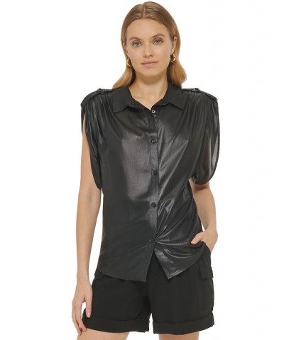 Women's Faux-Leather Button-Up Short-Sleeve Shirt Black $47.96 Tops