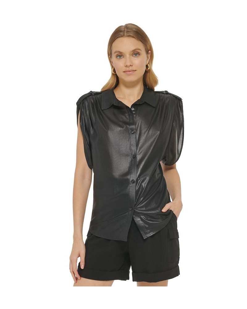 Women's Faux-Leather Button-Up Short-Sleeve Shirt Black $47.96 Tops