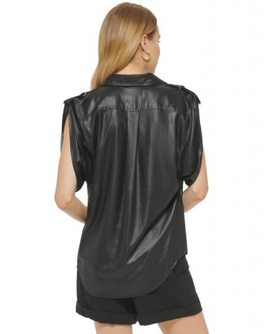 Women's Faux-Leather Button-Up Short-Sleeve Shirt Black $47.96 Tops