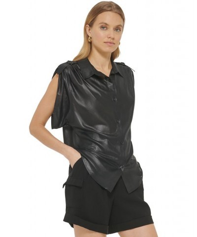 Women's Faux-Leather Button-Up Short-Sleeve Shirt Black $47.96 Tops