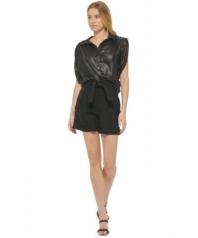 Women's Faux-Leather Button-Up Short-Sleeve Shirt Black $47.96 Tops