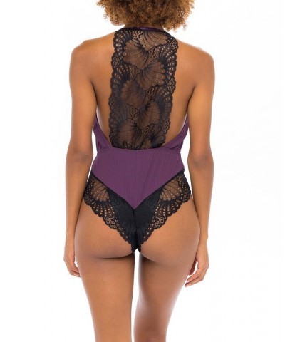 Women's Lingerie Ribbed Jersey Romper with Lace Racerback and Shorts Italian Plum, Black $21.58 Lingerie