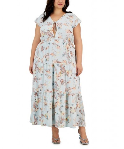 Plus Size Floral-Print Keyhole Tie-Detail Maxi Dress Sky Floral $43.24 Dresses