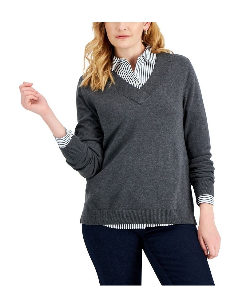 Women's Cotton V-Neck Sweater Chestnut Heather $14.87 Sweaters