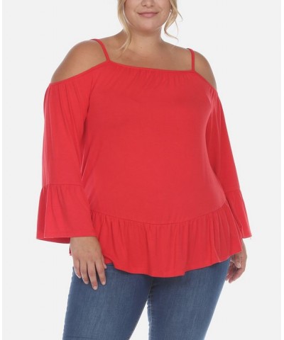 Plus Size Cold Shoulder Ruffle Sleeve Top Red $29.14 Tops
