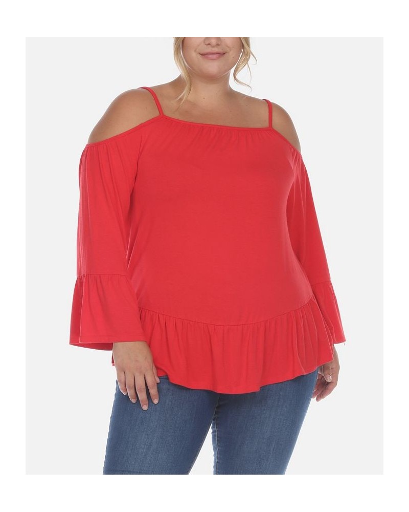 Plus Size Cold Shoulder Ruffle Sleeve Top Red $29.14 Tops