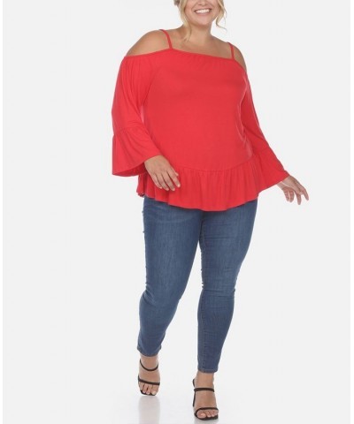 Plus Size Cold Shoulder Ruffle Sleeve Top Red $29.14 Tops