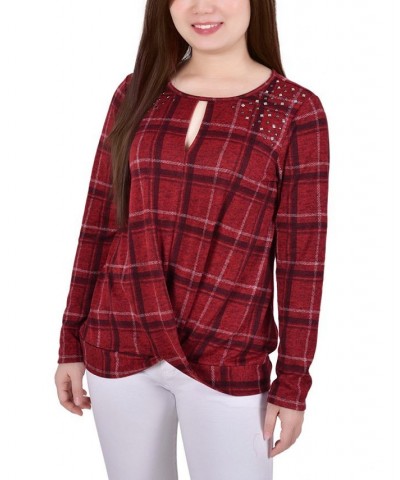 Petite Long Sleeve Knit Keyhole with Studs Top Red Plaid $16.32 Tops