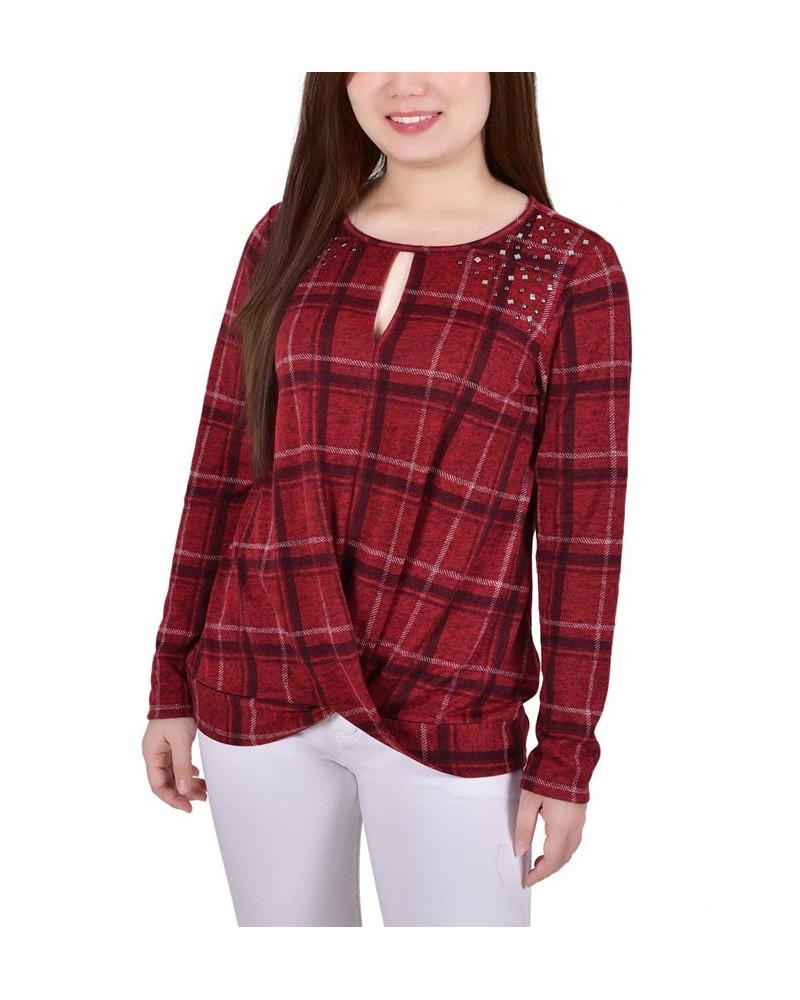 Petite Long Sleeve Knit Keyhole with Studs Top Red Plaid $16.32 Tops