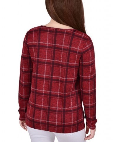 Petite Long Sleeve Knit Keyhole with Studs Top Red Plaid $16.32 Tops