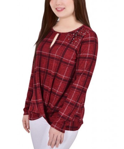 Petite Long Sleeve Knit Keyhole with Studs Top Red Plaid $16.32 Tops