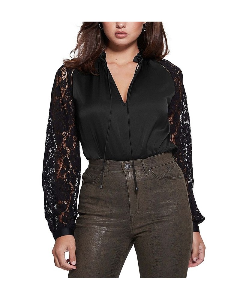 Eco Faustine V-Neck Lace Sleeve Blouse Jet Black A996 $29.27 Tops