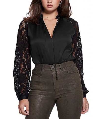 Eco Faustine V-Neck Lace Sleeve Blouse Jet Black A996 $29.27 Tops