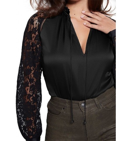 Eco Faustine V-Neck Lace Sleeve Blouse Jet Black A996 $29.27 Tops