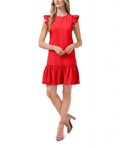 Women's Short Ruffled Flutter-Sleeve Dress Red $22.91 Dresses