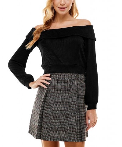 Juniors' Off-The-Shoulder Ribbed Knit Sweater & Skirt Set Grey/White/Black $17.60 Dresses