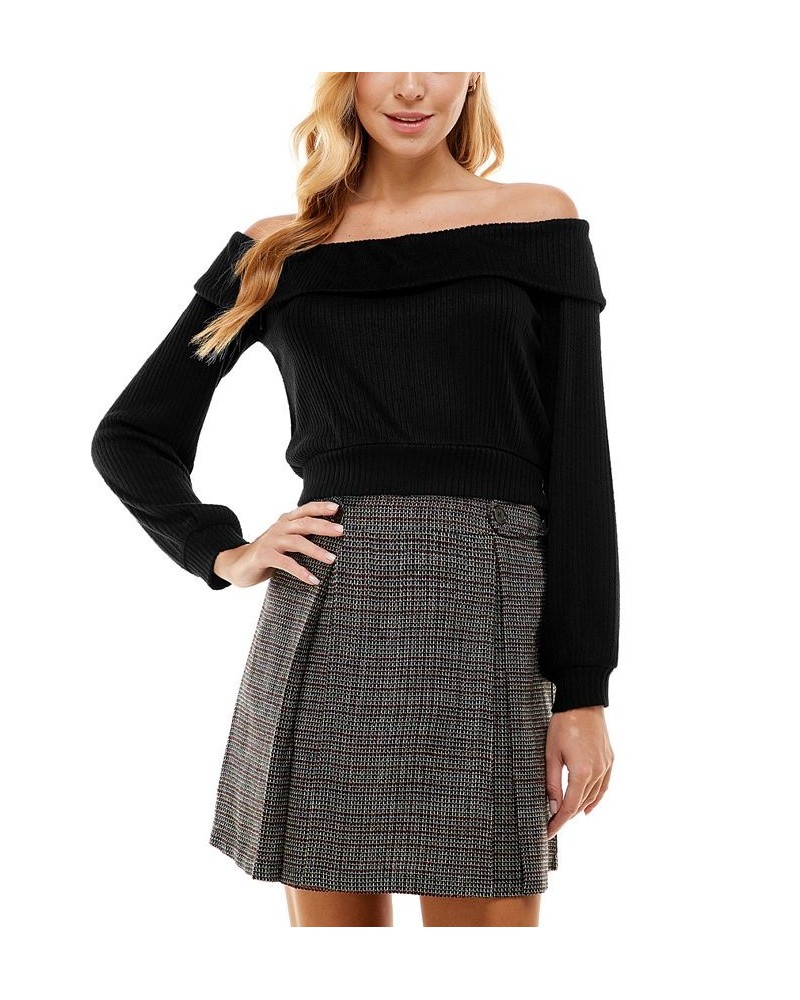 Juniors' Off-The-Shoulder Ribbed Knit Sweater & Skirt Set Grey/White/Black $17.60 Dresses