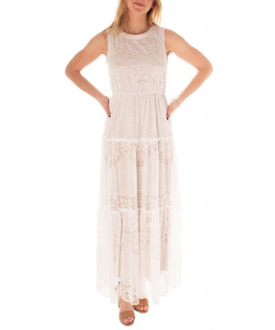 Women's Round-Neck Tiered Lace Maxi Dress White $64.00 Dresses