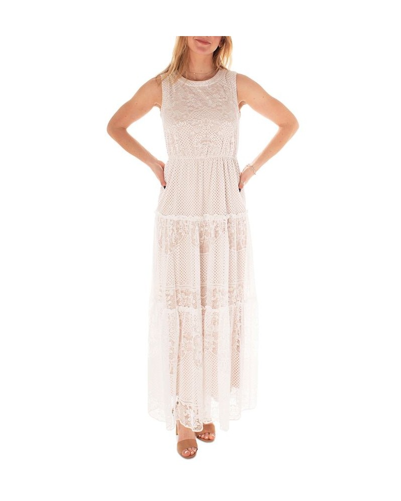 Women's Round-Neck Tiered Lace Maxi Dress White $64.00 Dresses