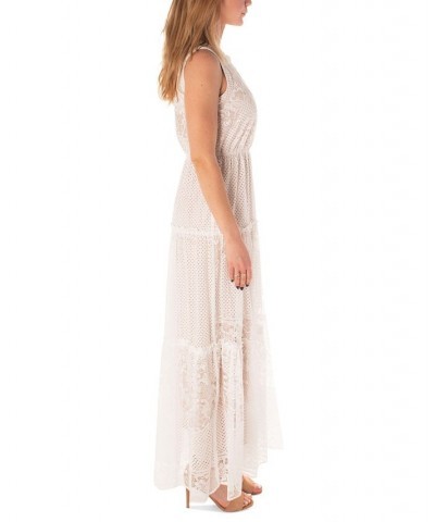 Women's Round-Neck Tiered Lace Maxi Dress White $64.00 Dresses