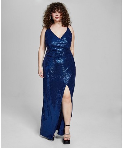 Trendy Plus Size Sequin Surplice-Neck Gown Navy $42.51 Dresses