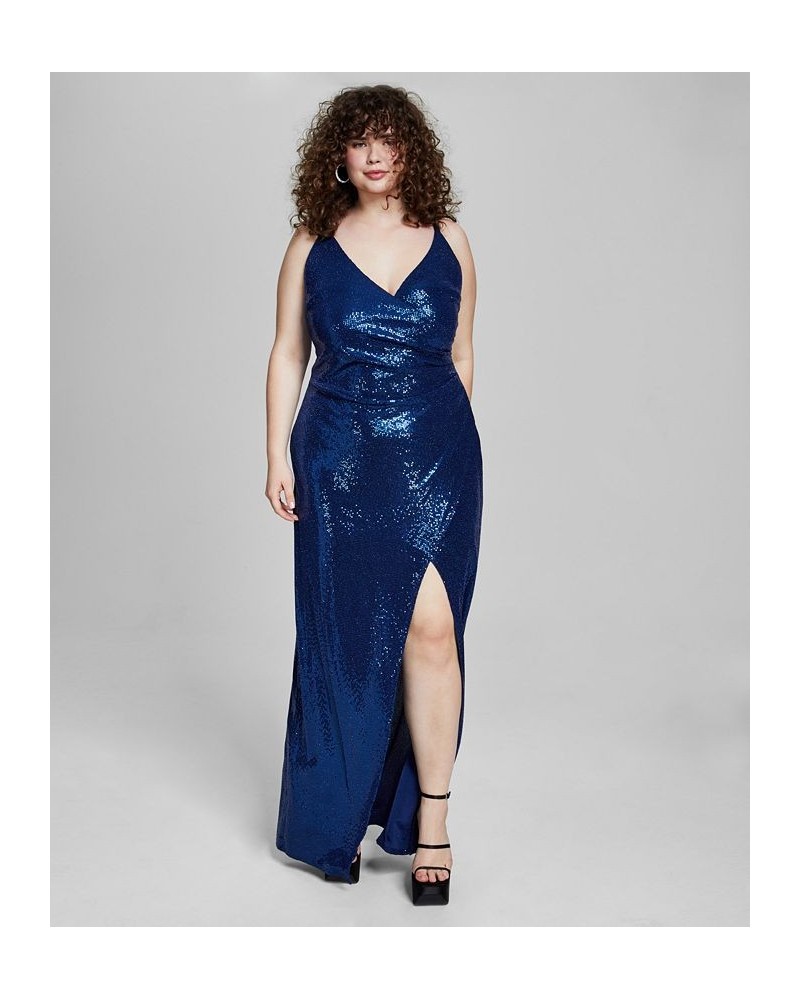 Trendy Plus Size Sequin Surplice-Neck Gown Navy $42.51 Dresses