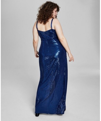 Trendy Plus Size Sequin Surplice-Neck Gown Navy $42.51 Dresses