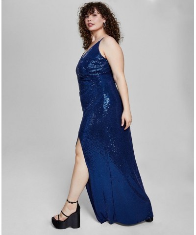 Trendy Plus Size Sequin Surplice-Neck Gown Navy $42.51 Dresses