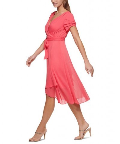 Petite Ruffled-Sleeve Faux-Wrap Dress Punch $58.38 Dresses