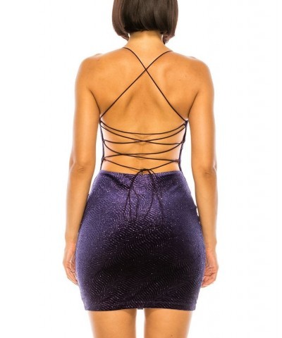 Juniors' Velvet Cowlneck Lace-Up Bodycon Dress Purple $20.64 Dresses