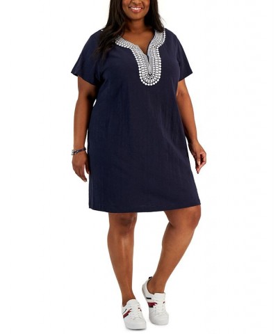 Plus Size Cotton Printed-Trim Dress Blue $20.14 Dresses