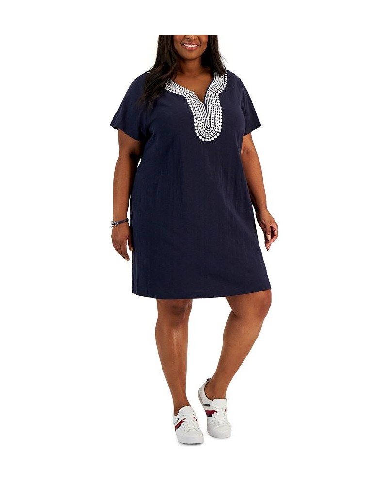 Plus Size Cotton Printed-Trim Dress Blue $20.14 Dresses