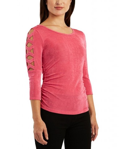 Juniors' Cutout Lattice-Sleeve Ruched Knit Top Fuchsia $15.00 Tops