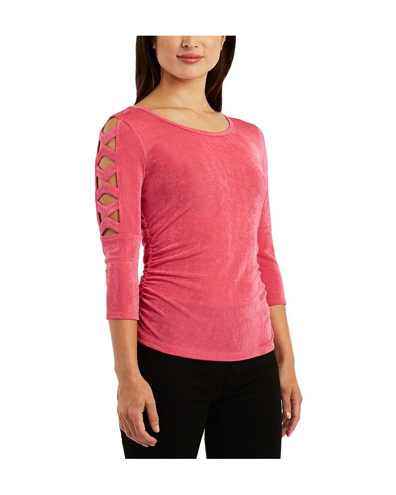 Juniors' Cutout Lattice-Sleeve Ruched Knit Top Fuchsia $15.00 Tops