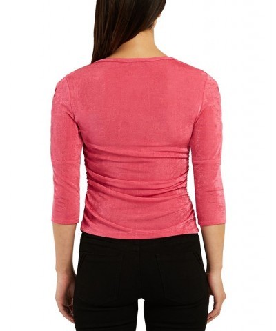 Juniors' Cutout Lattice-Sleeve Ruched Knit Top Fuchsia $15.00 Tops