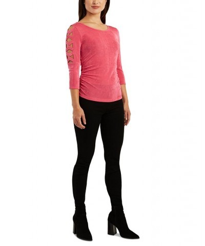 Juniors' Cutout Lattice-Sleeve Ruched Knit Top Fuchsia $15.00 Tops