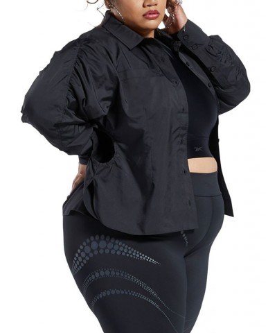 x Cardi B Plus Size Ruched-Sleeve Active Shirt Black $24.65 Tops