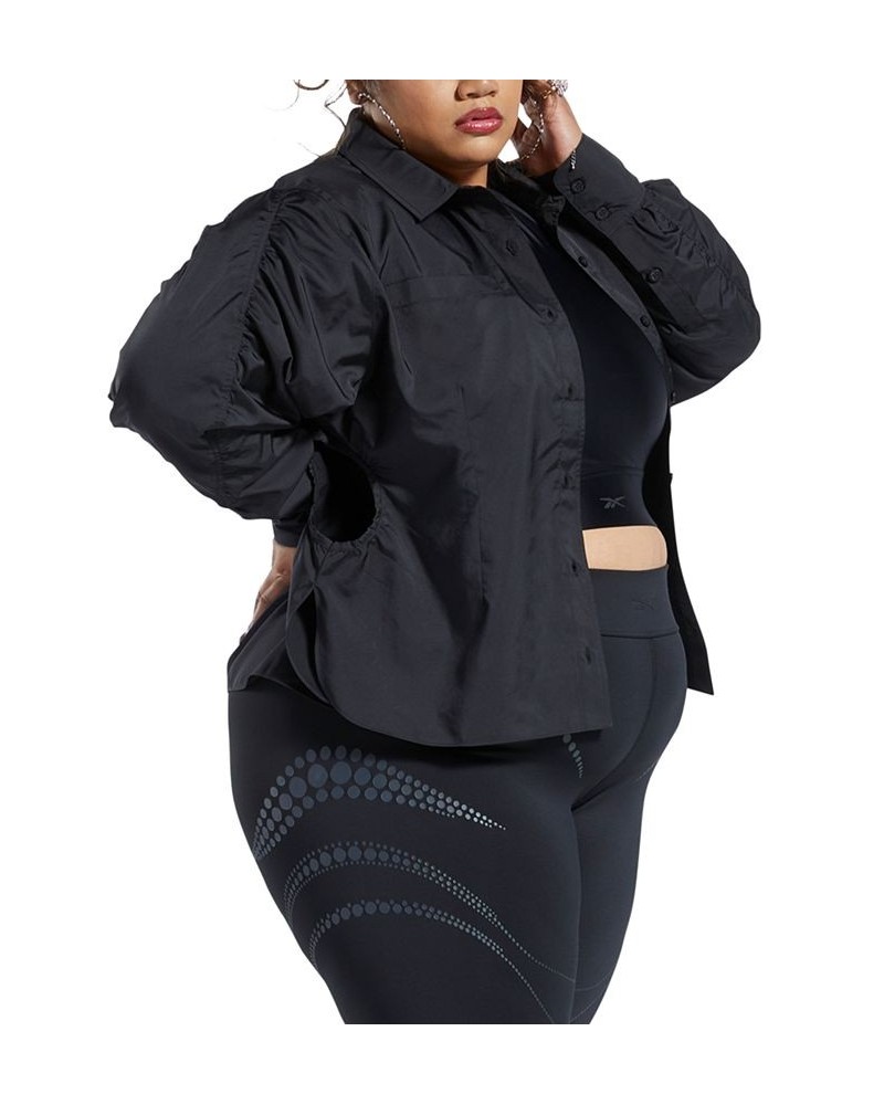 x Cardi B Plus Size Ruched-Sleeve Active Shirt Black $24.65 Tops