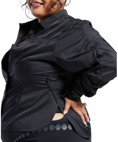 x Cardi B Plus Size Ruched-Sleeve Active Shirt Black $24.65 Tops