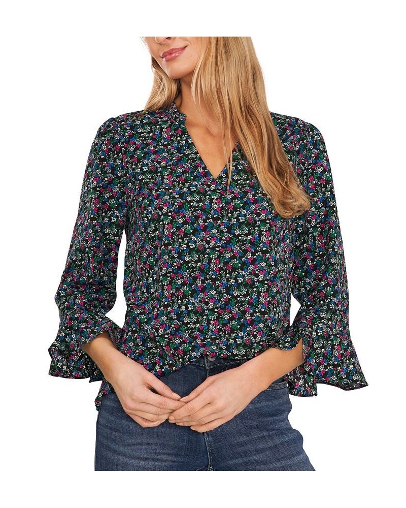 Women's Elbow Ruffle Sleeve V-Neck Blouse Rich Black $32.39 Tops