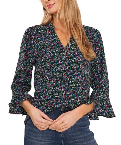 Women's Elbow Ruffle Sleeve V-Neck Blouse Rich Black $32.39 Tops