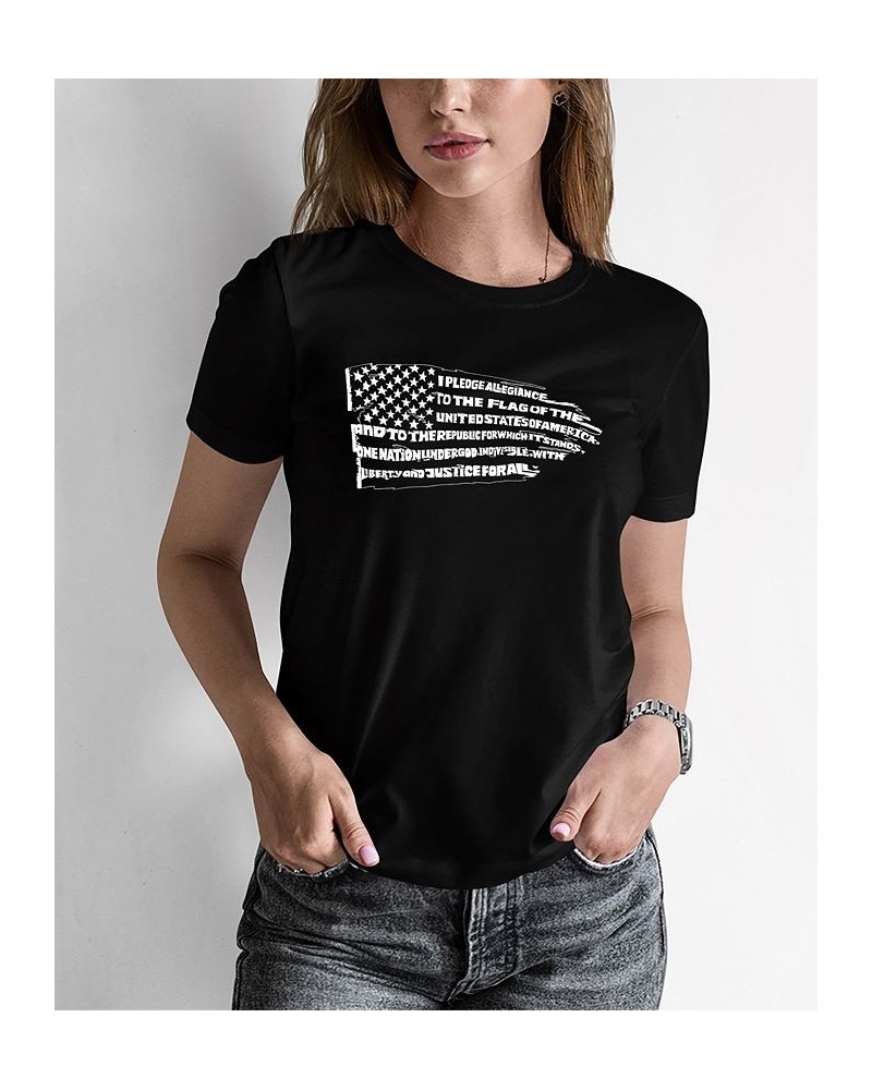 Women's Word Art Pledge of Allegiance Flag T-Shirt Black $16.45 Tops