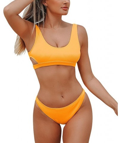 Women's Ribbed Cutout Bikini Swimsuit Set Yellow $26.39 Swimsuits