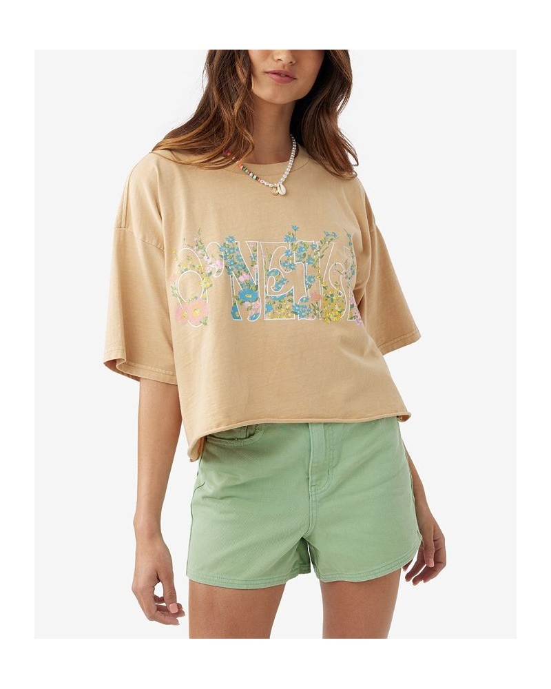 Juniors' Wild Flower Power Cotton Cropped T-Shirt Khaki $20.94 Tops