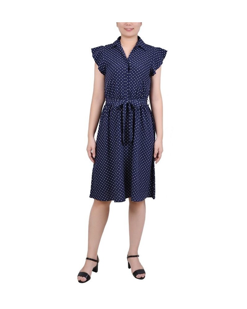 Petite Belted Flutter Sleeve Printed Dress Navy White Dot $16.45 Dresses