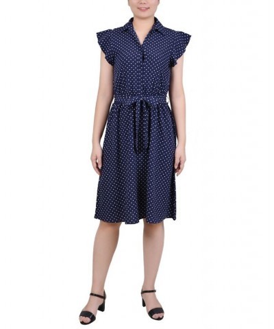 Petite Belted Flutter Sleeve Printed Dress Navy White Dot $16.45 Dresses