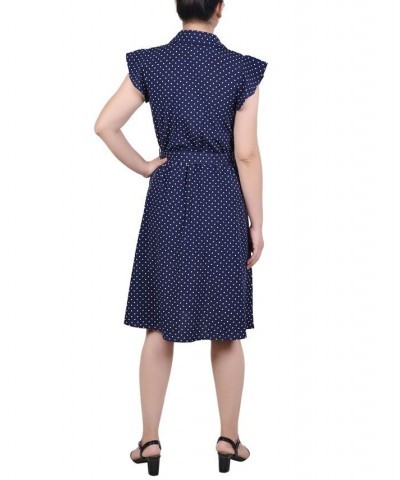 Petite Belted Flutter Sleeve Printed Dress Navy White Dot $16.45 Dresses