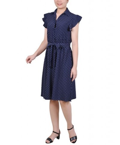 Petite Belted Flutter Sleeve Printed Dress Navy White Dot $16.45 Dresses