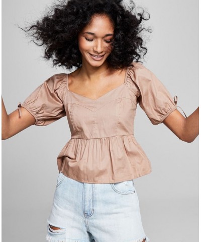 Women's Cotton Peplum-Hem Puffed-Sleeve Top Tan/Beige $24.50 Tops